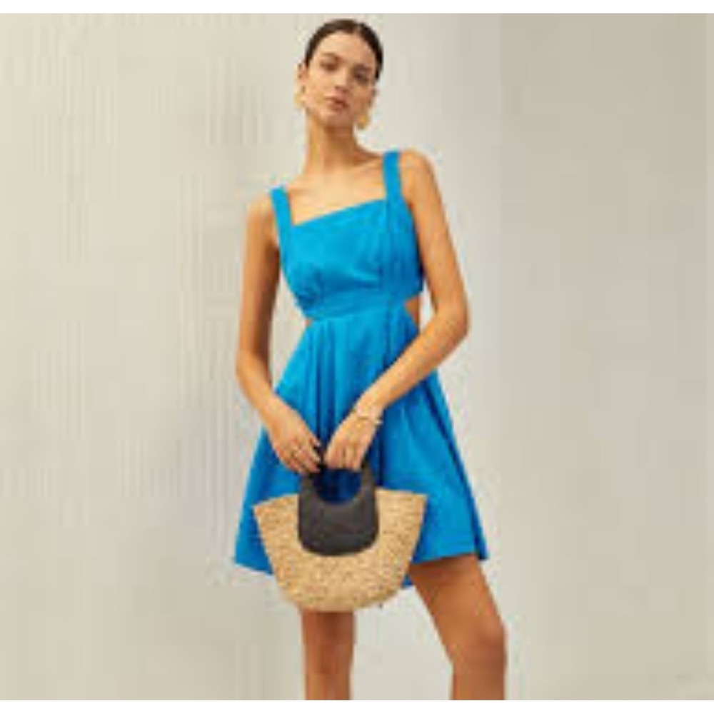 Commense Cotton Linen Blue Open Back Mini Sundress  Lined Size S Vaca Resort